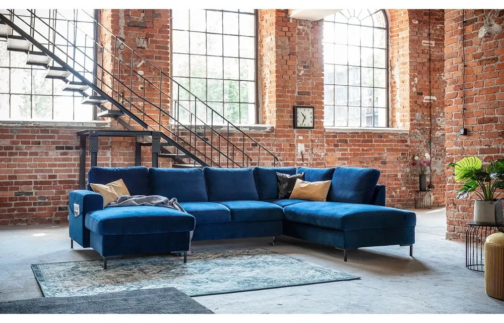 Granatowa aksamitna rozkładana sofa w kształcie litery "U" Miuform Lofty Lilly, prawostronna