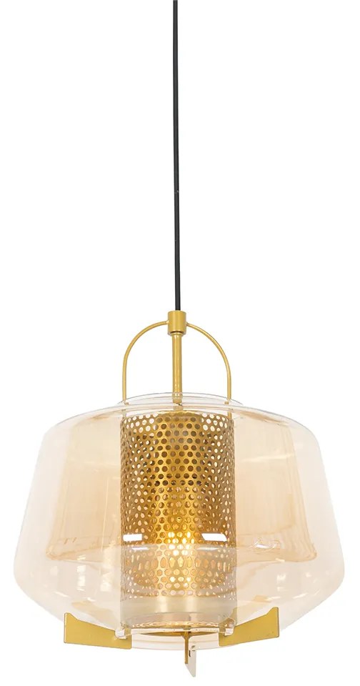 Lampa wisząca w stylu art deco złota z bursztynowym szkłem 30 cm - Kevin ArtDeco Oswietlenie wewnetrzne