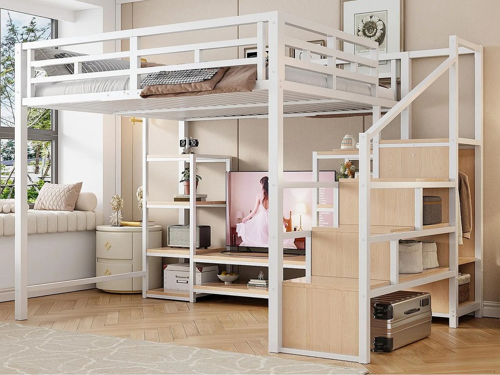 Łóżko na antresoli 140x200 - Z gniazdkiem elektrycznym - Z przegródkami do przechowywania - Z drabiną z pojemnikami - Biały​ (materac nie jest wliczony w cenę)