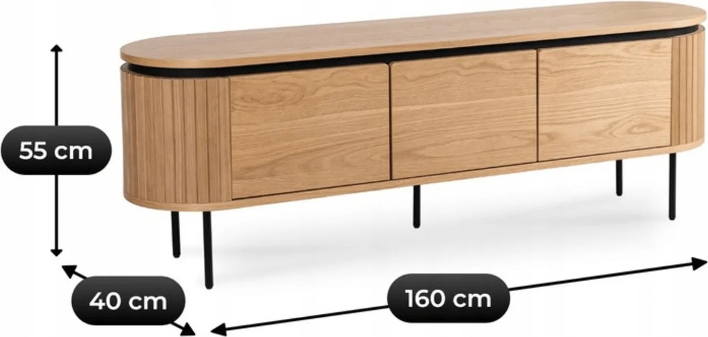 Owalna szafka RTV z ryflowanymi wstawkami Beck 160 cm, dąb