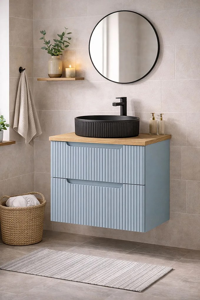 Niebieska wisząca szafka łazienkowa z umywalką - Arvessi 8X