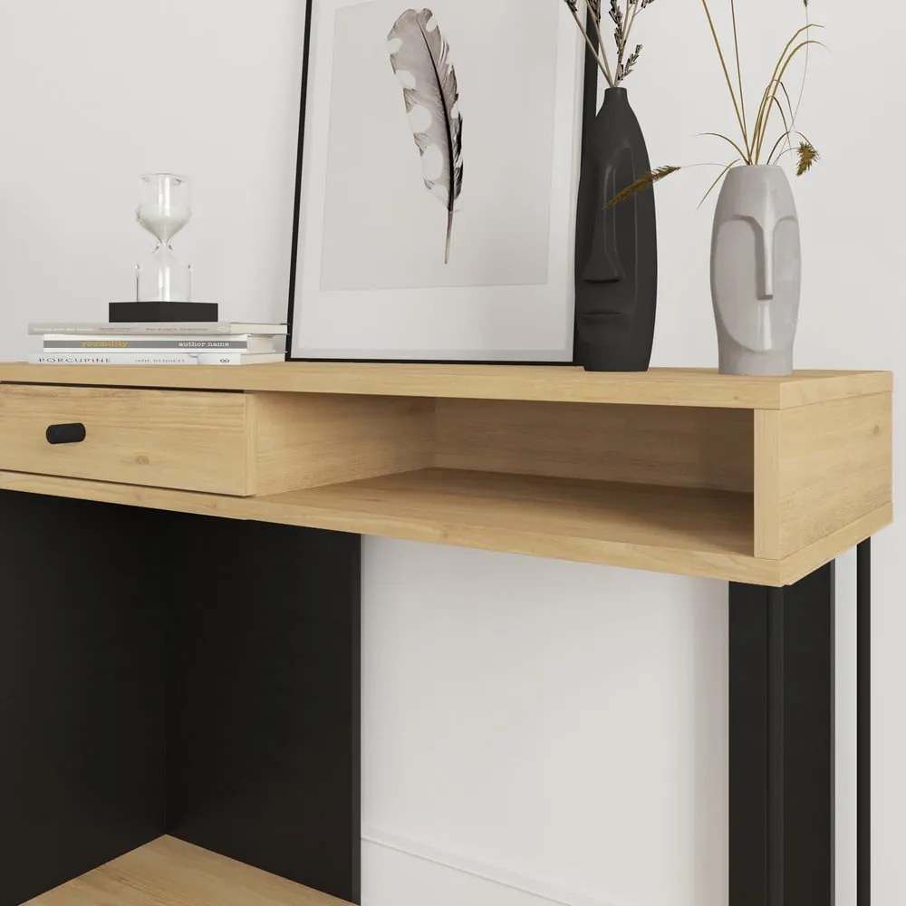 Czarno-naturalna konsola z blatem w dekorze dębu 35x100 cm Saturne – Marckeric