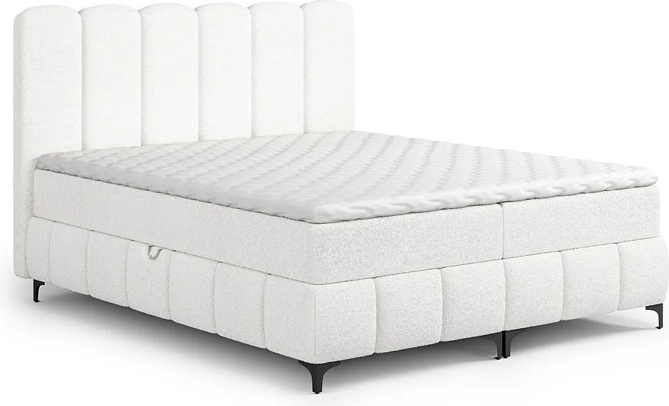 FURNISTAR Łóżko kontynentalne TINA 180x200 z materacem i pojemnikiem na pościel-dwuosobowe,rodzinne z topperem,Bubble,tapicerowane-Biały
