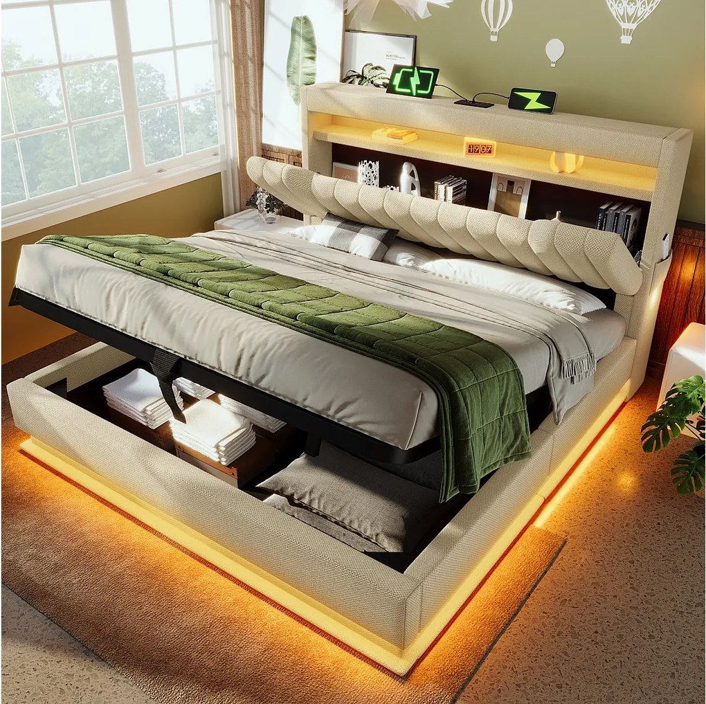 Łóżko tapicerowane podwójne ze schowkiem - 160 x 200 cm - z zagłówkiem + USB + LED + schowek hydrauliczny - len - beż