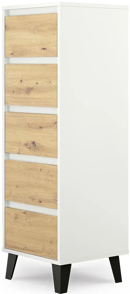 Wąska komoda z 5 szufladami biały + dąb artisan E2-S22