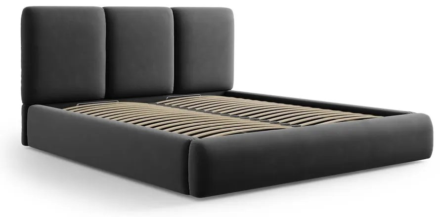 Ciemnoszare aksamitne tapicerowane łóżko dwuosobowe ze schowkiem i stelażem 200x200 cm Brody – Mazzini Beds