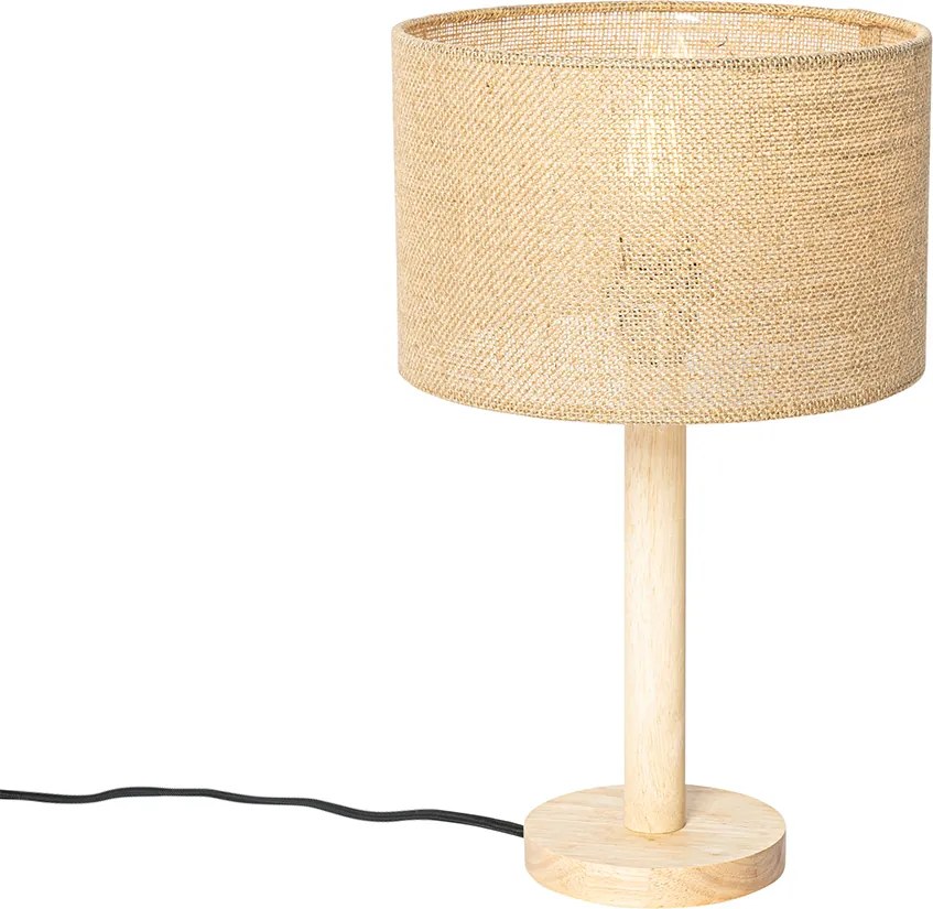 Rustykalna lampa stołowa drewniana z abażurem lnianym naturalnym 25 cm - Mels