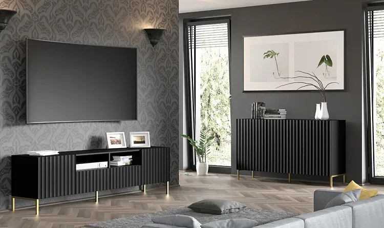 Czarna komoda lamelowa na złotych nogach P1-M01