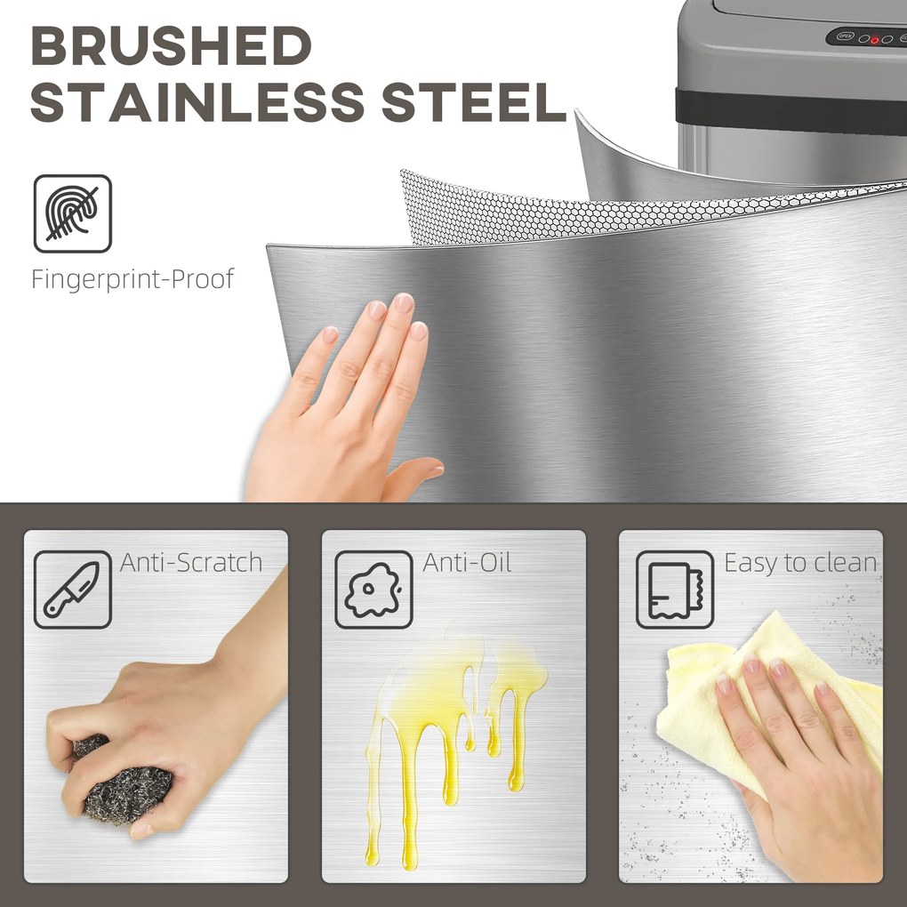 HOMCOM Kosz na śmieci 48 L z czujnikiem do kuchni lub biura, automatyczne zamykanie, stal nierdzewna, srebrny