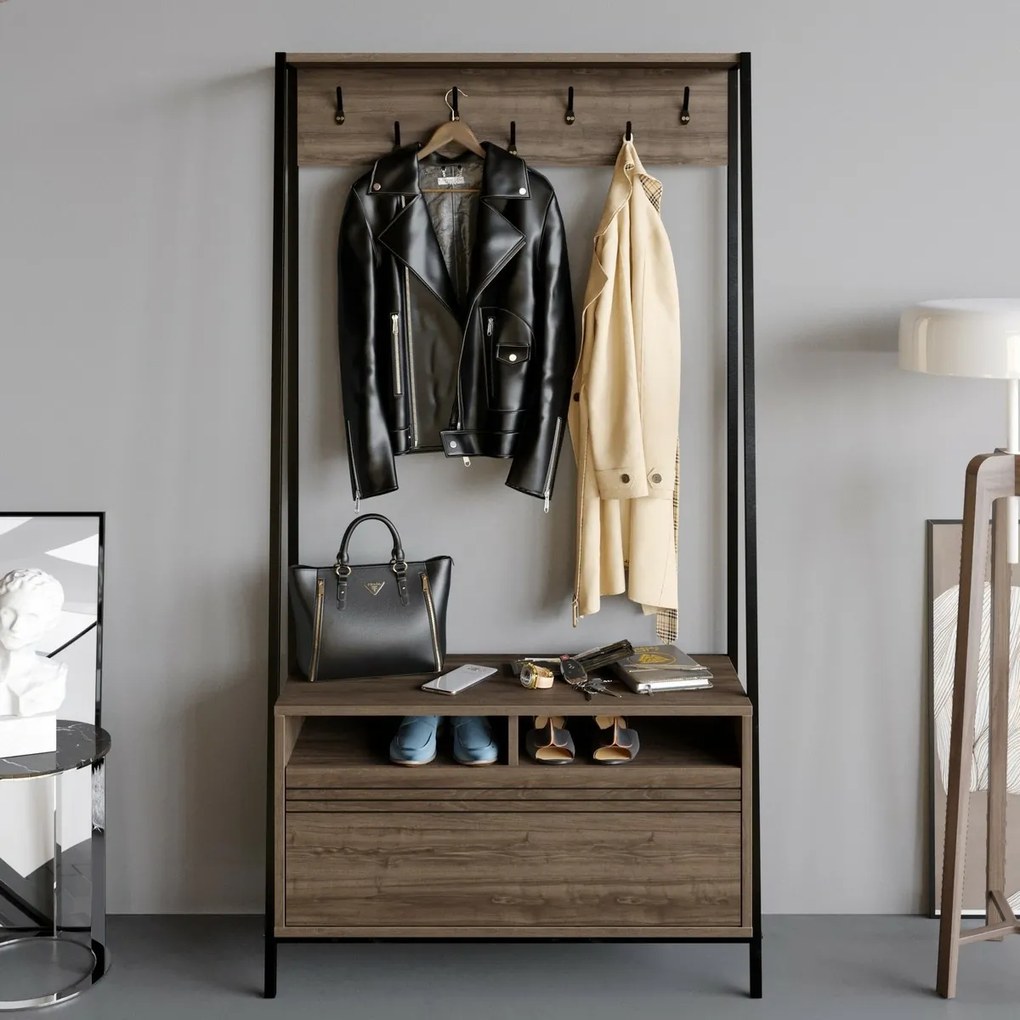 Wieszak z półką na buty Devin Walnut and Black