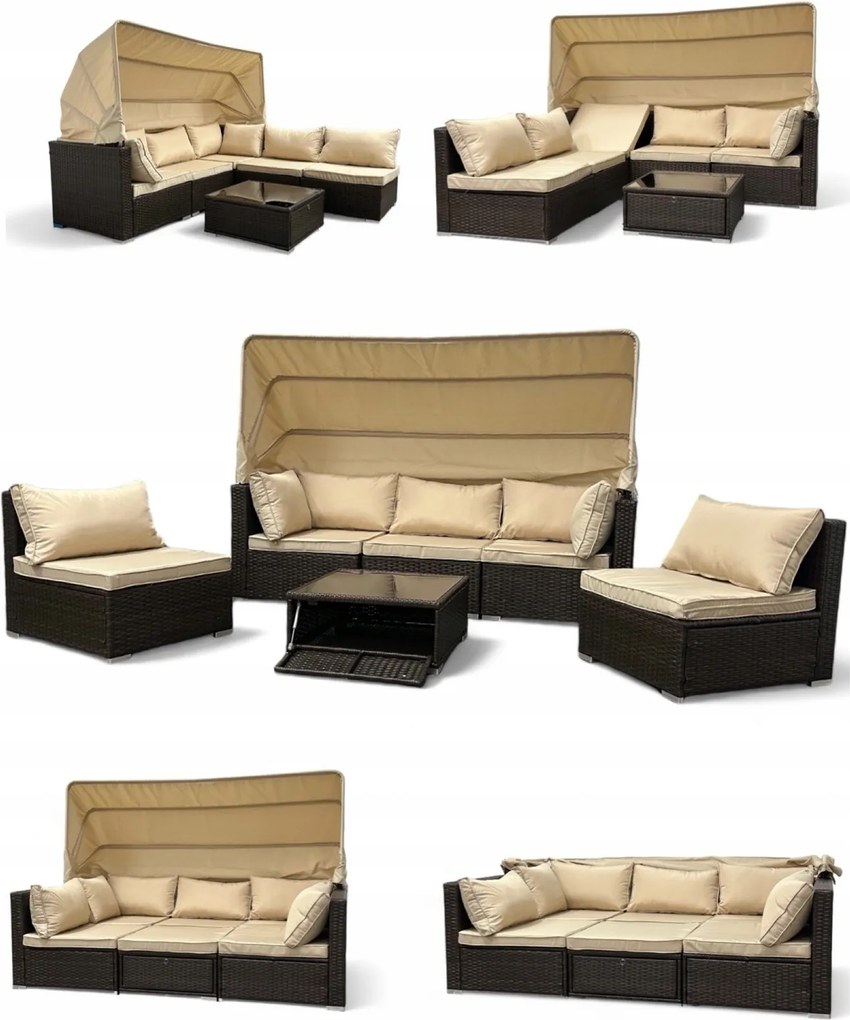 Wielofunkcyjny zestaw mebli ogrodowych - narożnik, leżanka z daszkiem Galicja 101 brąz, poduszki beżowe