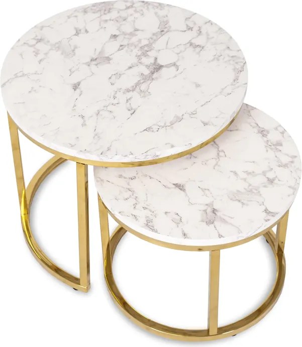 Zestaw Stolików Kawowych OLIS 43 cm/53 cm Biały Marmur Złoty do Salonu Glamour