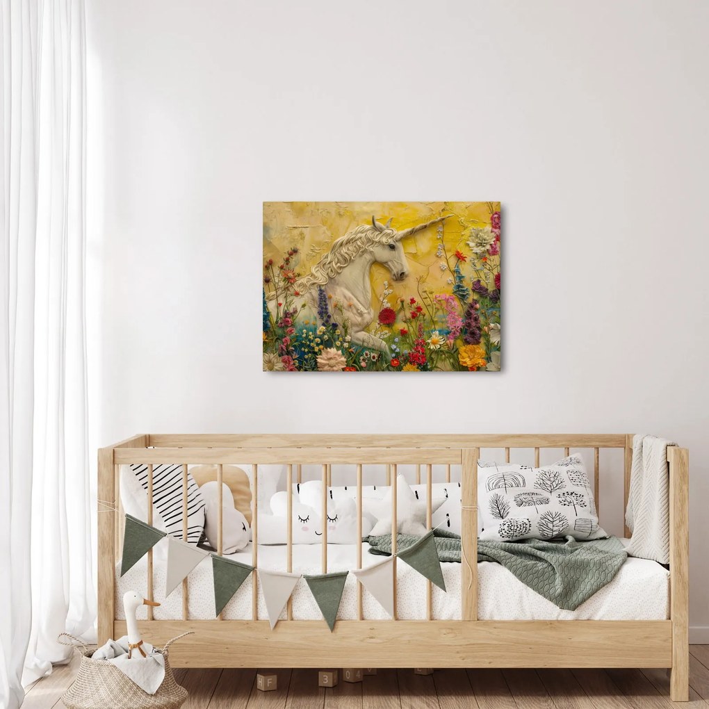 Obraz - Jednorożec z kwiatami (70x50 cm)
