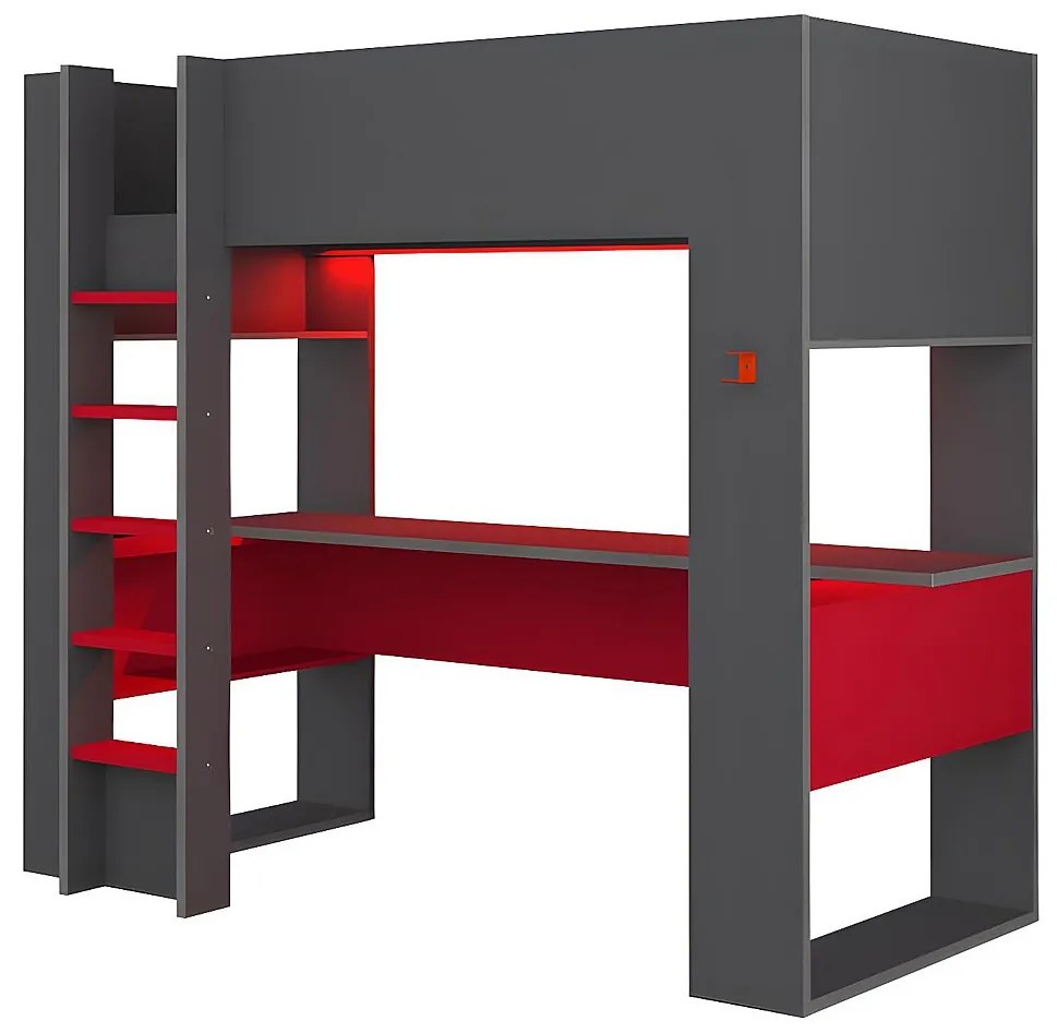 Łóżko z antresolą gamer NOAH, z biurkiem i ze skrzynią  – 90 × 200 cm – z oświetleniem LED – kolor antracytowy i czerwony
