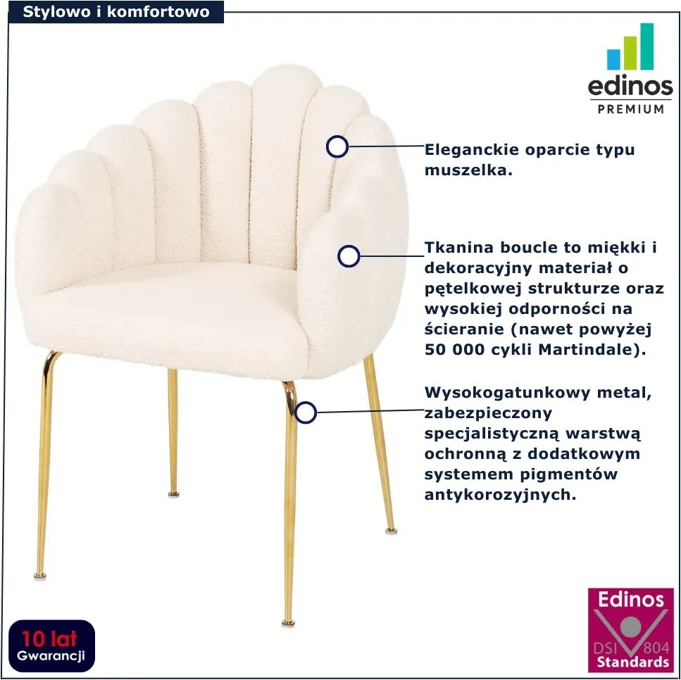 Białe metalowe krzesło boucle ze złotymi nogami D5-Z93