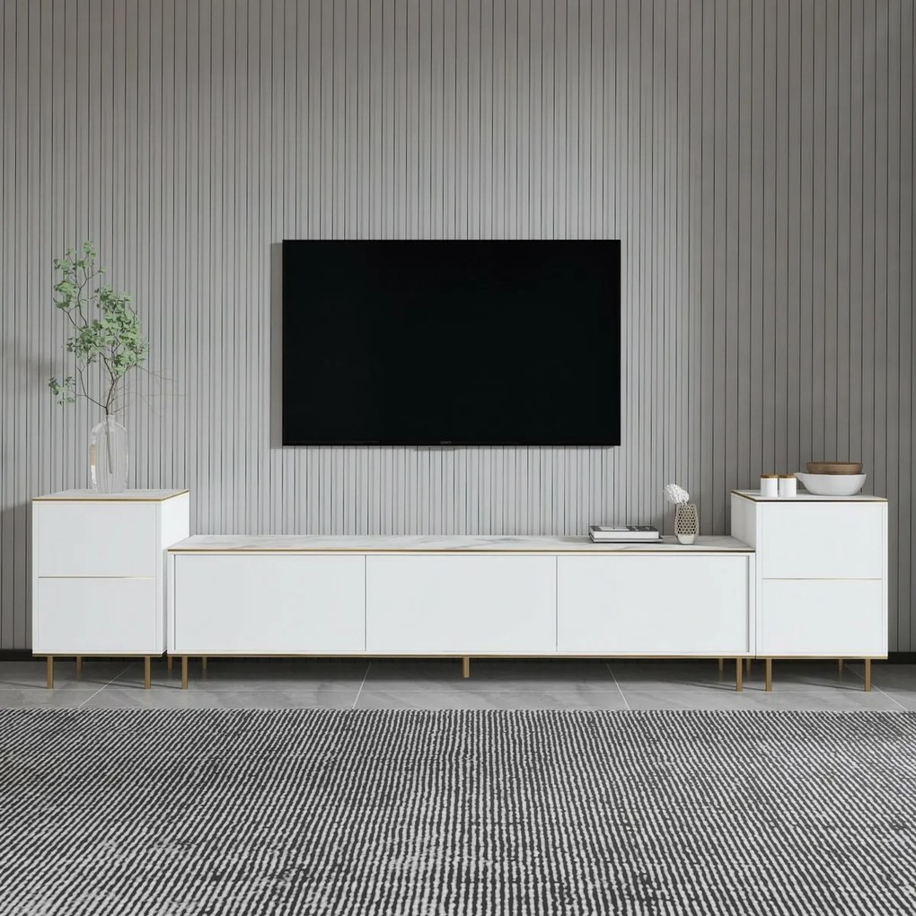 Stolik pod telewizor z szafkami Imej White Marble and Gold