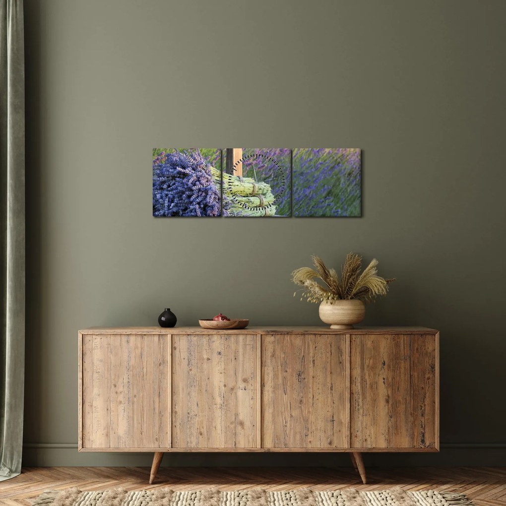 Obraz - Pęczki lawendy (z zegarem) (90x30 cm)