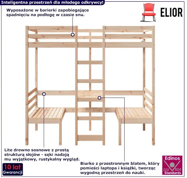 Drewniane łóżko piętrowe z biurkiem i siedziskami 80x200 - Kerbi 4X