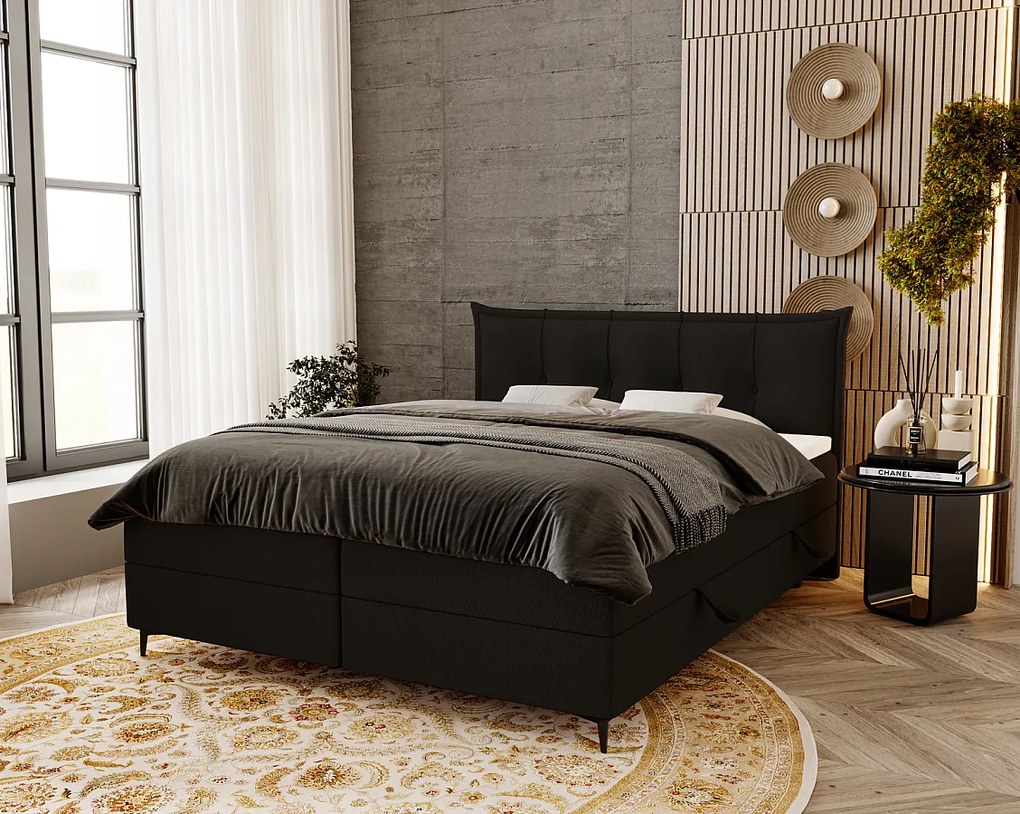 Emporius Liron łóżko kontynentalne 180x200 - łóżko dwuosobowe z materacem i topperem - pojemnik, tkanina boucle, czarny (Anthology 19)