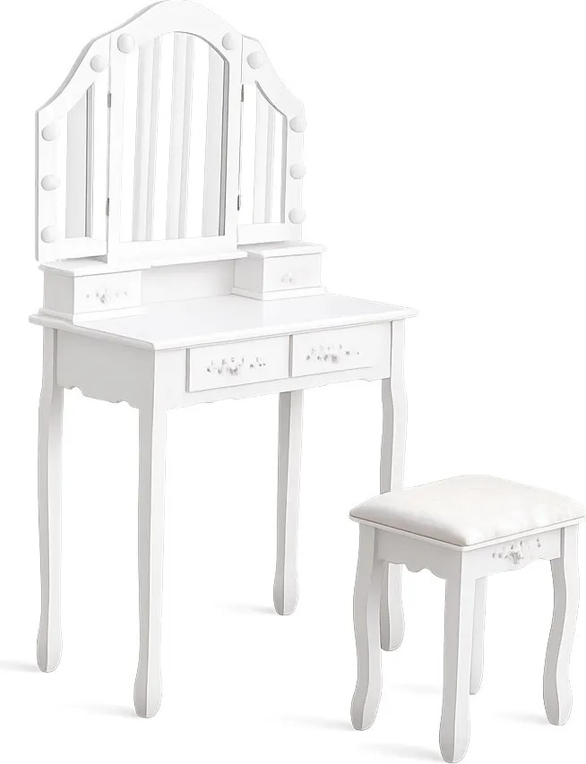 Toaletka retro z lustrem, taboretem i oświetleniem Noemi DT01, kolor biały