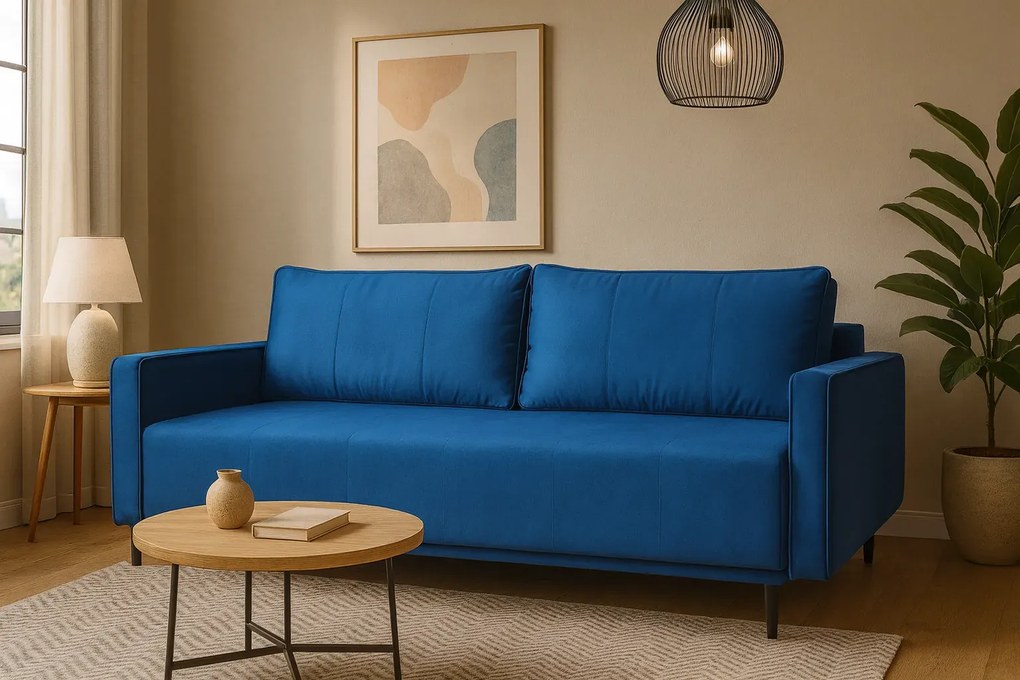 Niebieska sofa z funkcją spania i pojemnikiem A9-M04