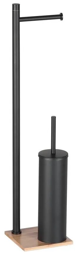 Gedy - Wolnostojąca szczotka do WC z uchwytem na papier toaletowy TRILLY matowa czarna/bambus