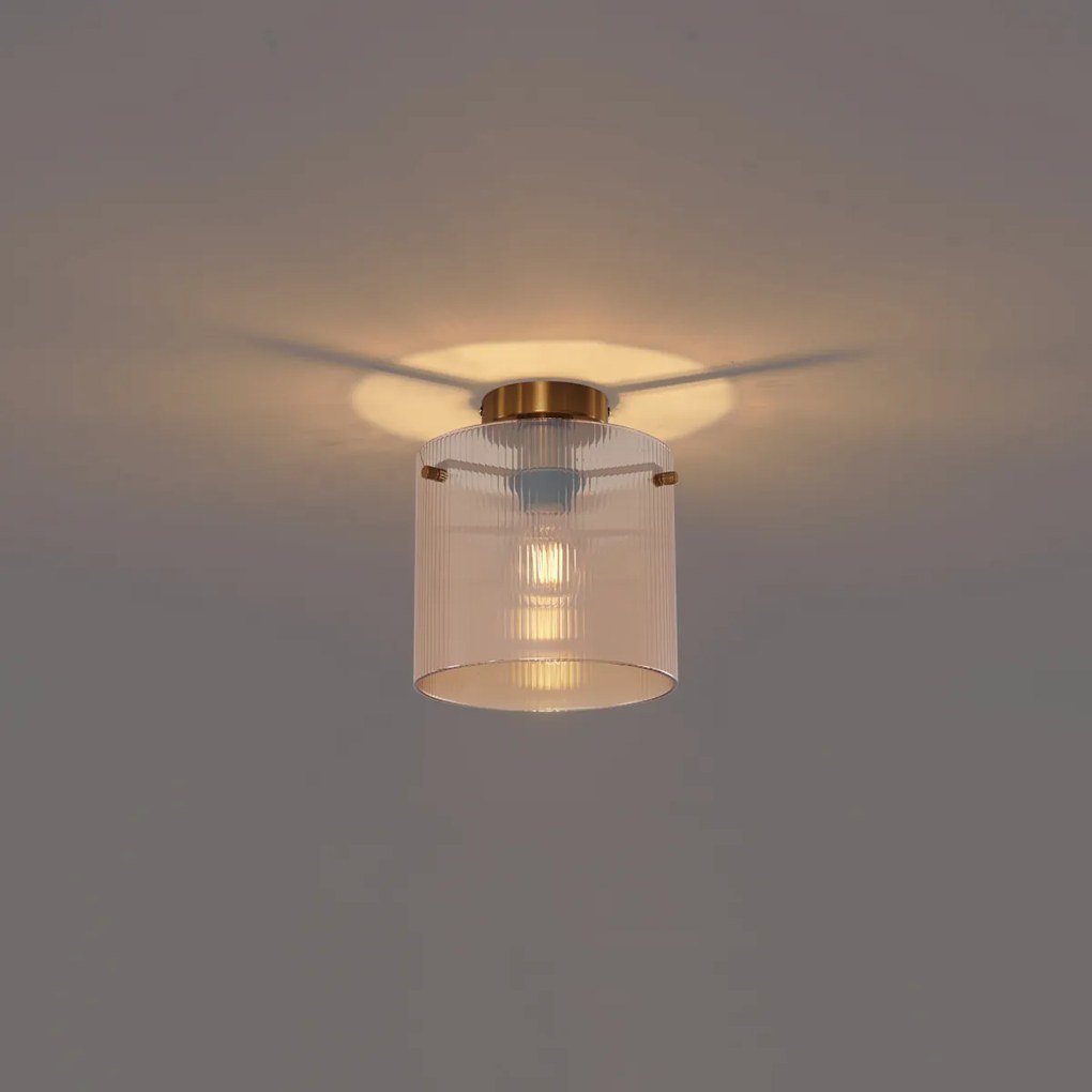 Art Deco Lampa Sufitowa Mosiężna z Bursztynowym Szkłem - Laura
