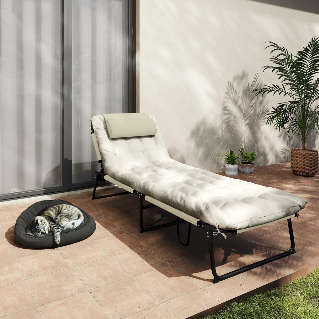 Outsunny Składany Leżak z 4-stopniową Regulacją Oparcia, Poduszką, Boczną Kieszenią, Zagłówkiem, 68 x 189 x 30 cm, Beżowy