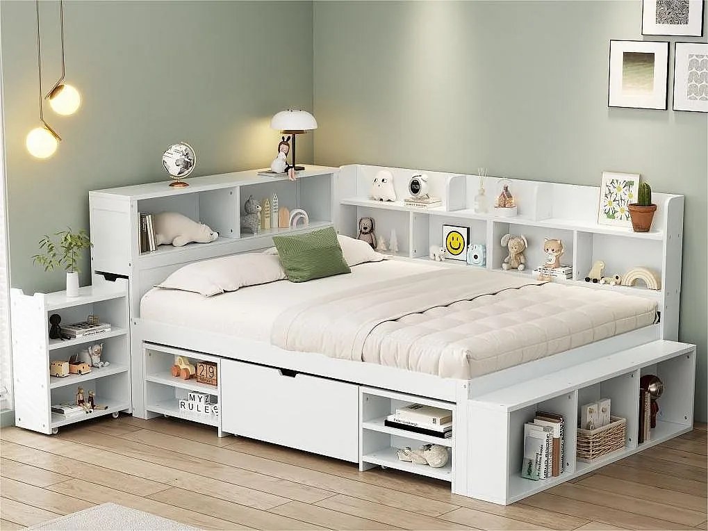 Łóżko MDF 140x200cm - z wielofunkcyjnym schowkiem i małym wyjmowanym regałem - z podstawą z listew - Białe