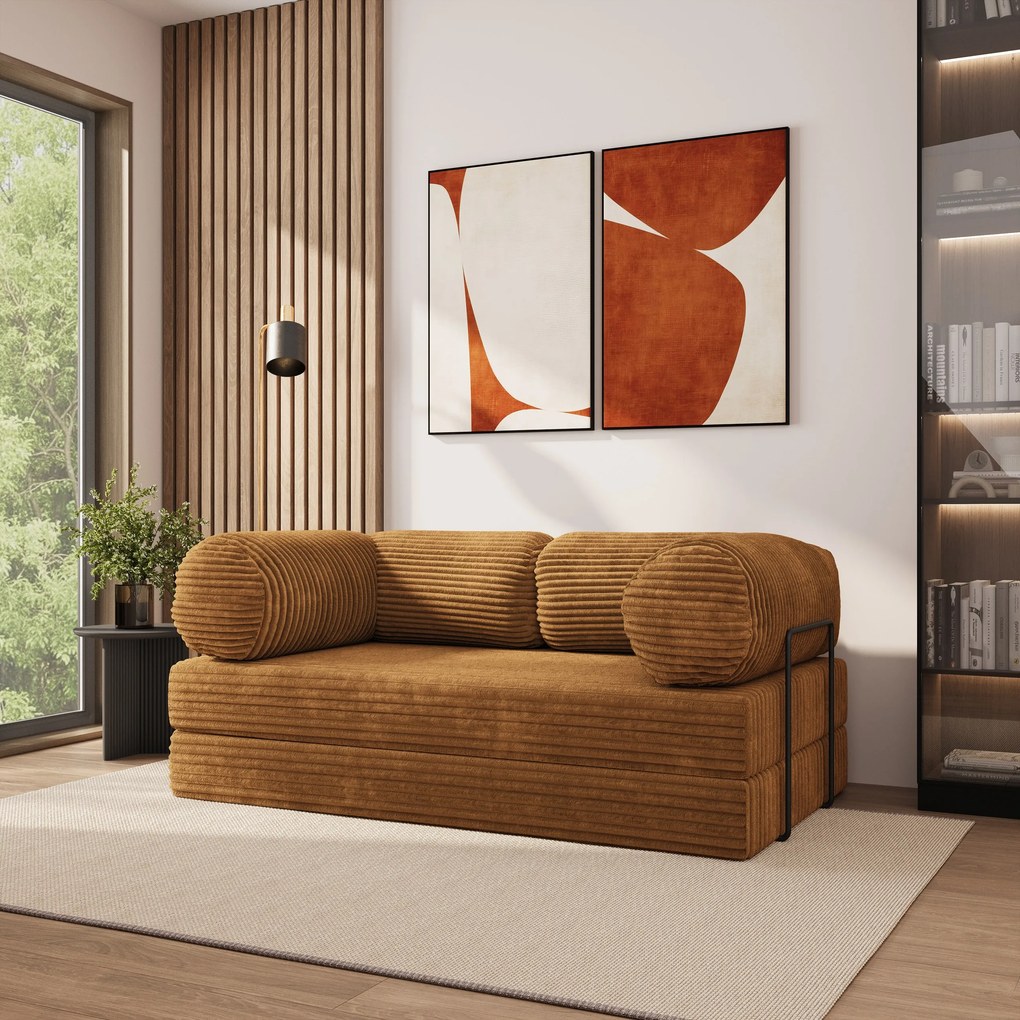 Masseno Sofa piankowa ALVIO z funkcją spania, Kanapa z pianki do salonu, Bezmontażowa, Tkanina sztruksowa – Miedziany TILIA 56