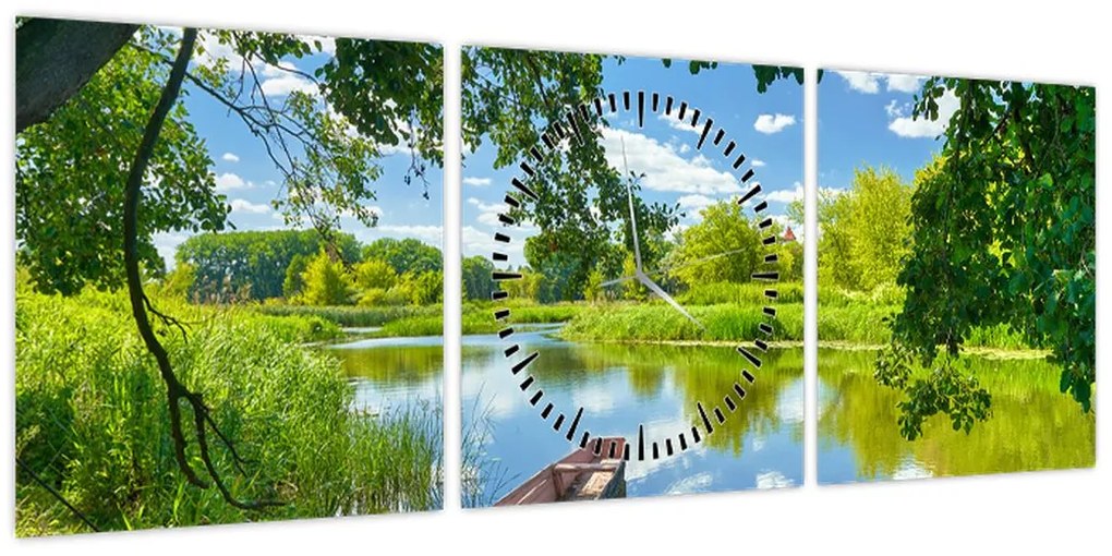 Obraz letniej rzeki z łodzią (z zegarem) (90x30 cm)