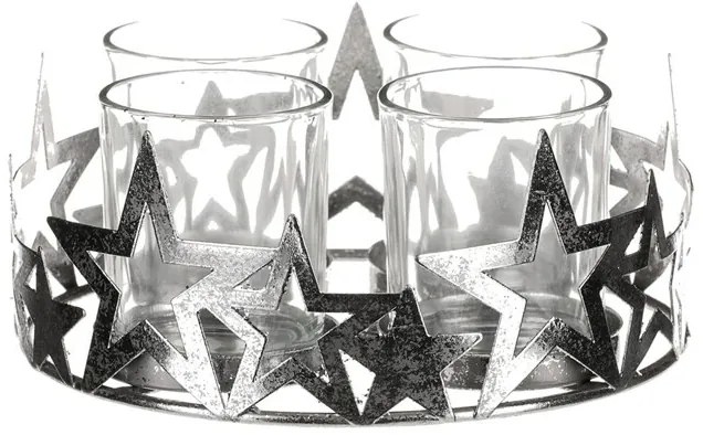 Świecznik adwentowy ze szklanymi elementami Gwiazda, metal, srebrny