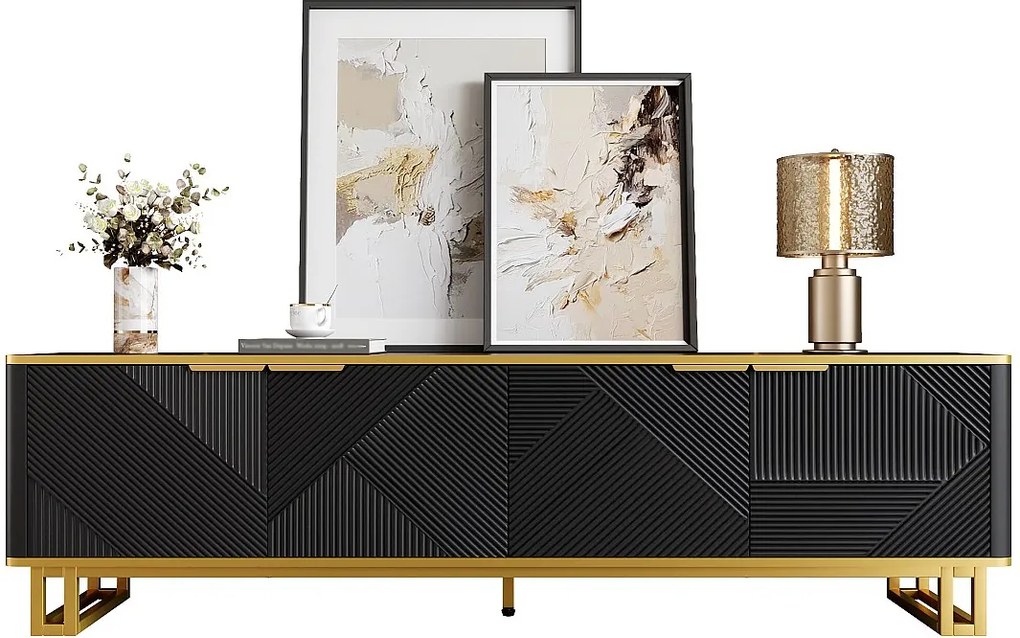 Stojak pod TV o geometrycznej fakturze - 160 x 37,5 x 48 cm - z 4 drzwiami - unikalny design - MDF - czarny