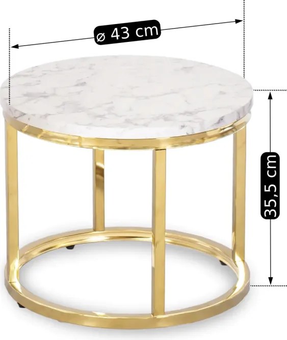 Zestaw Stolików Kawowych OLIS 43 cm/53 cm Biały Marmur Złoty do Salonu Glamour