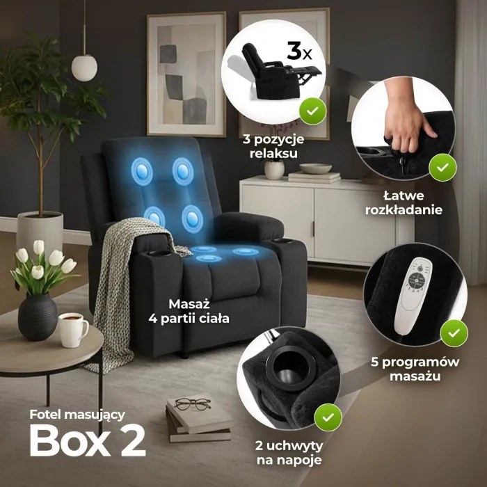 Fotel Masujący BOX 2 Rozkładany z Podnóżkiem Czarny Nowoczesny