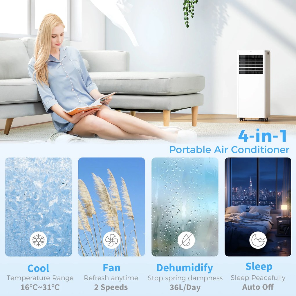 HOMCOM Przenośny klimatyzator 7000 BTU, 4-w-1 z funkcją chłodzenia, osuszania, wentylacji i trybem nocnym | Aosom PL