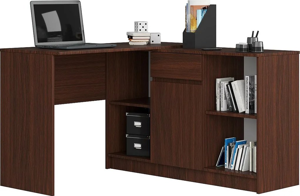 Biurko narożne AKORD B17 Wenge 120 cm Zestaw z komodą 1 drzwi 1 szuflada kolor Wenge mat 6 półek 120x126x79 cm