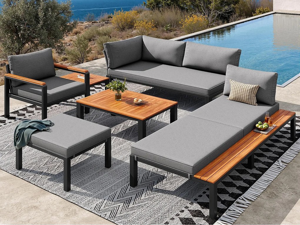 Modułowy zestaw salonu ogrodowego - na 6-7 osób - konstrukcja z żelaza ocynkowanego - ze stolikiem kawowym i podnóżkiem - Szary