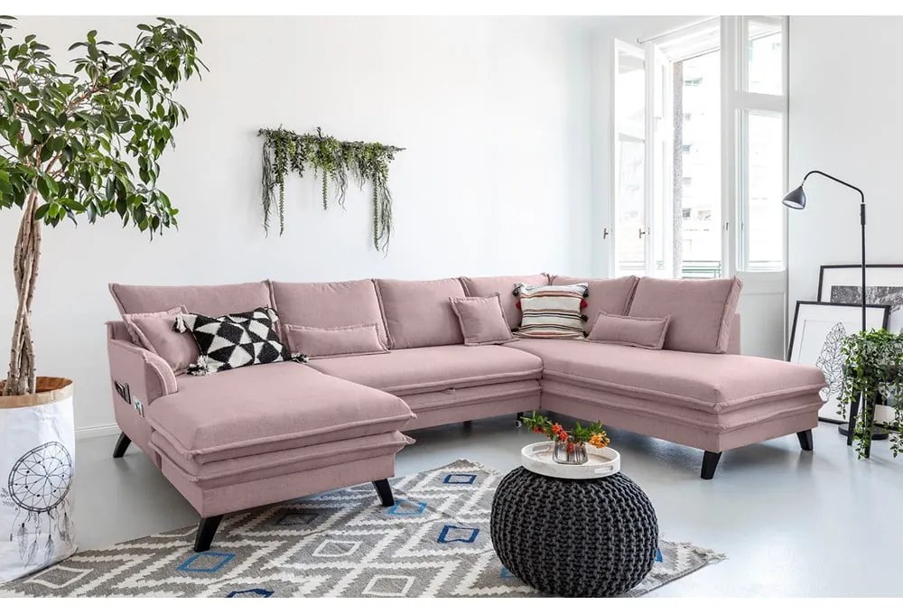 Pudroworóżowa rozkładana sofa w kształcie litery "U" Miuform Charming Charlie, prawostronna