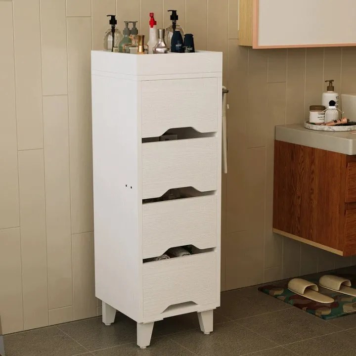 Szafka Łazienkowa Biała 30x30x90 cm z 4 Szufladami Organizerem i Wieszakiem