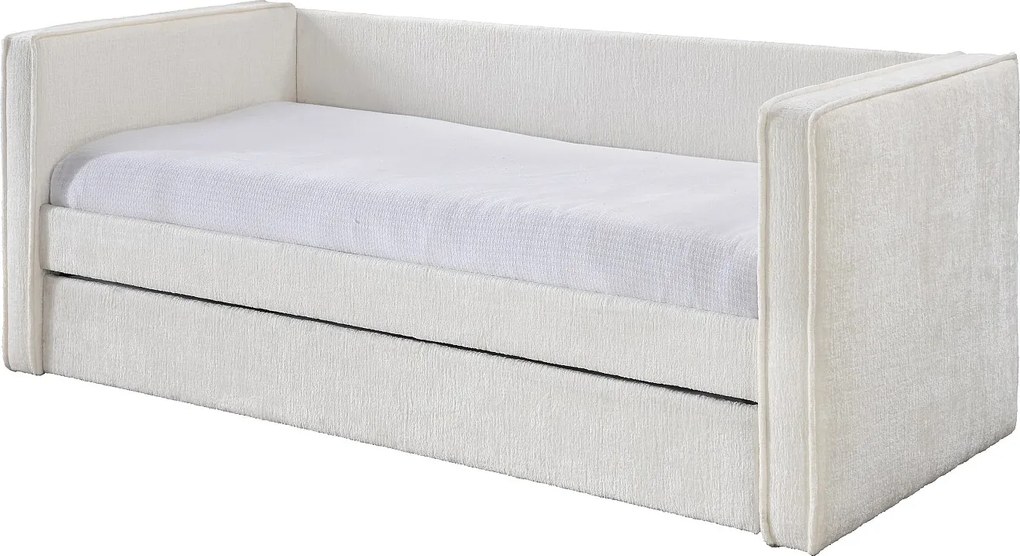 Łóżko kanapa z wysuwaną szufladą 2 x 90 x 190 cm – Tkanina teksturowana – Białe + Materac – SULAZO