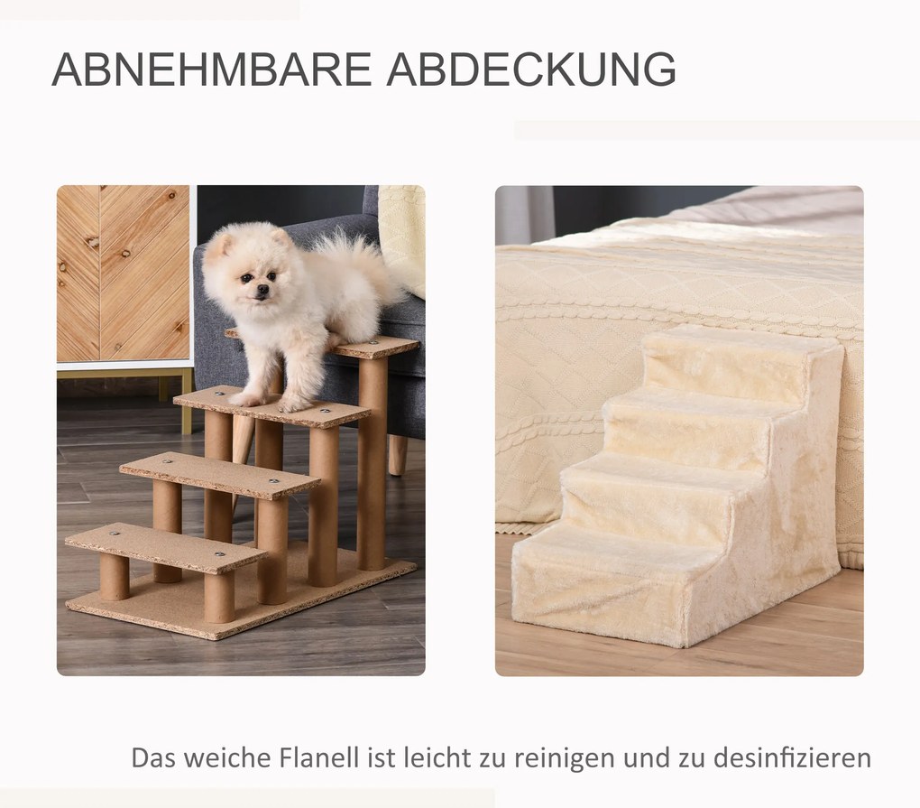 PawHut Schodki dla zwierząt 4-stopniowe z pluszową pokrywą, schodki dla psa/kota, płyta wiórowa, beżowe, 60x35x44cm | Aosom PL