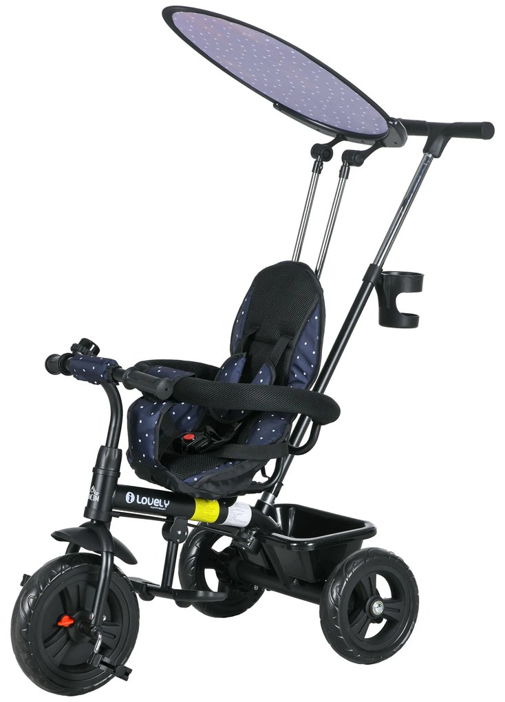 HOMCOM 6-w-1 Trójkoło dla dzieci z rączką do pchania, daszek, pasy, koszyk, dla dzieci 1-5 lat, Kolor Granatowy