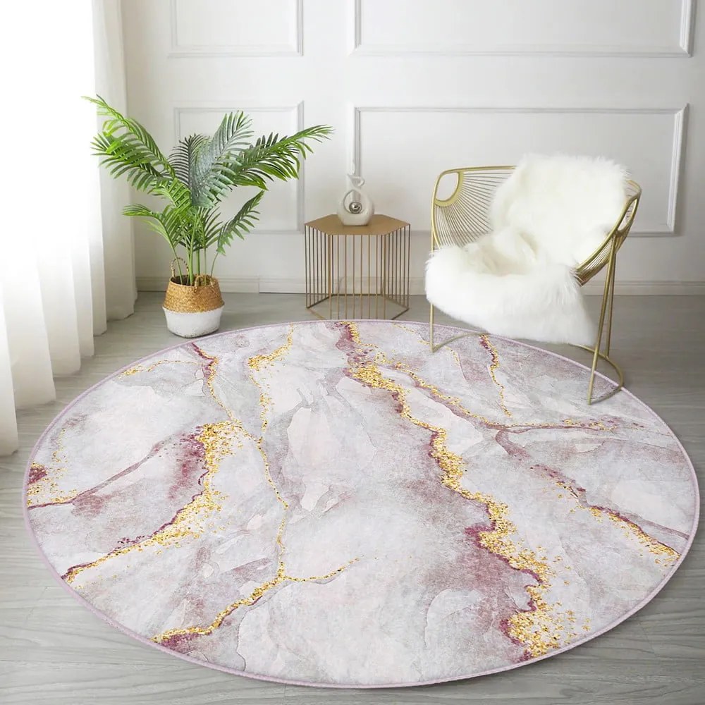 Jasnoróżowy/w kolorze złota okrągły dywan odpowiedni do prania ø 120 cm Marble – Mila Home