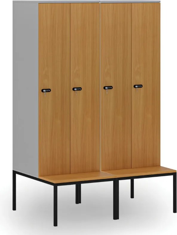 Drewniana szafa ubraniowa S4 z ławką, 2-drzwiowa, 1871 x 600 x 500/800 mm, demontaż, zamek mechaniczny z kodem, szary/zielony