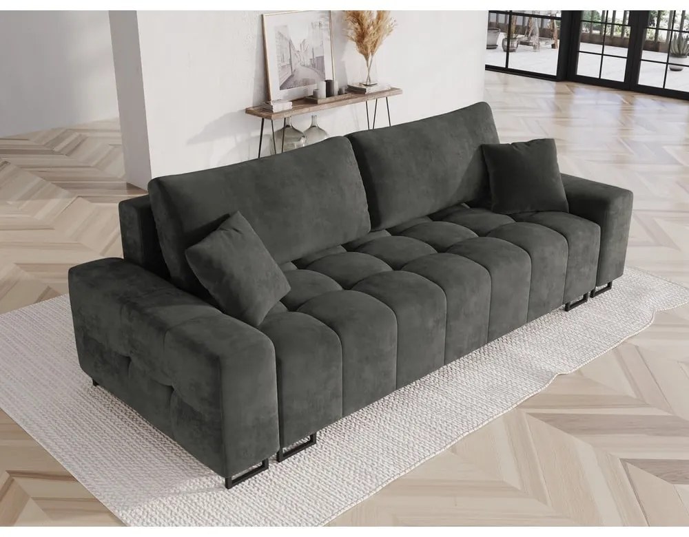 Szara aksamitna rozkładana sofa ze schowkiem 250 cm Wicklow – Cosmopolitan Design