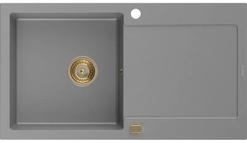 Mexen Leo zlewozmywak granitowy 1-komorowy z ociekaczem 900 x 500 mm, szary, syfon złoty - 6501901010-71-G
