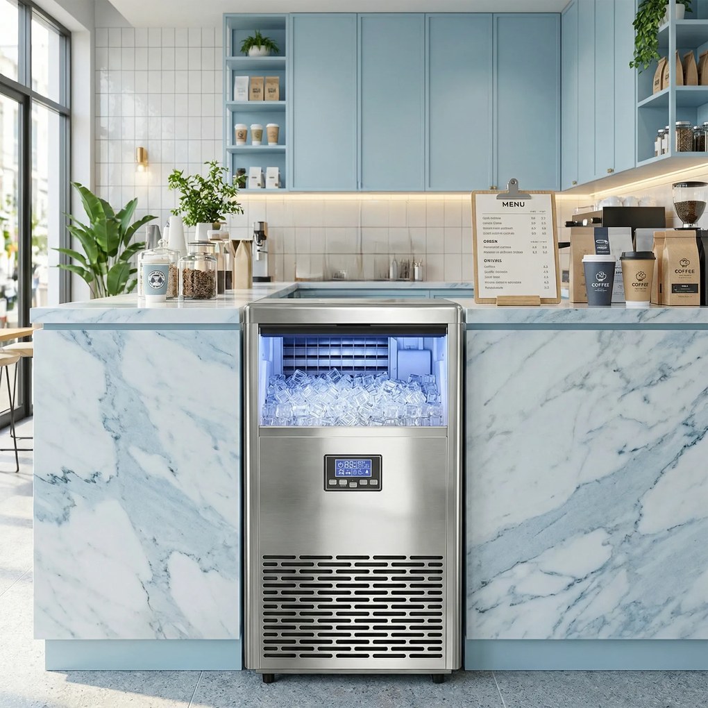 HOMCOM Komercyjna Maszyna do Lodu 45 kg/24H, Stal Nierdzewna, 15 kg Pojemności, Funkcja Samoczyszczenia, Srebrna | Aosom PL