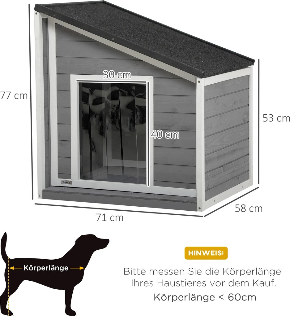 PawHut Domek dla psa z drewna sosnowego, odporny na warunki atmosferyczne, dach asfaltowy, 71 cm x 58 cm x 77 cm, Szary + Biały