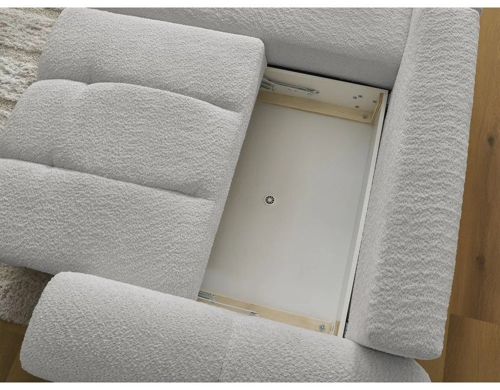 Jasnoszary rozkładany narożnik z materiału bouclé ze schowkiem (lewostronny/z szezlongiem) Roxelane – Bobochic Paris